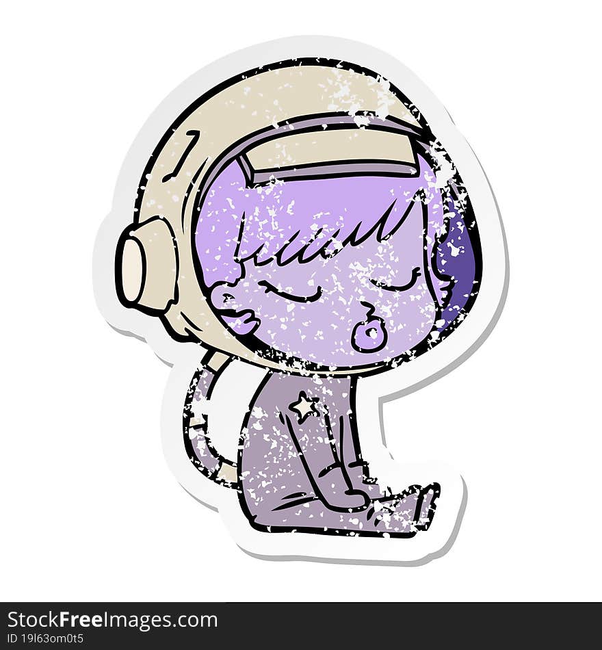 distressed sticker of a cartoon pretty astronaut girl sitting waiting