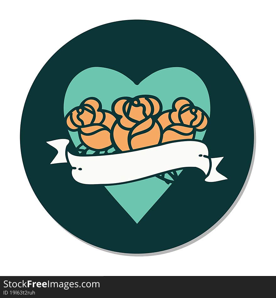 sticker of tattoo in traditional style of a heart and banner with flowers. sticker of tattoo in traditional style of a heart and banner with flowers