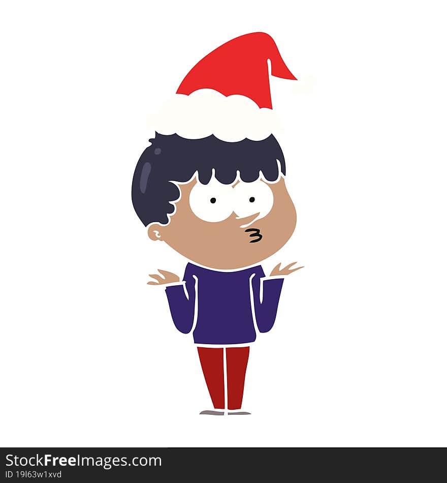 Flat Color Illustration Of A Curious Boy Shrugging Shoulders Wearing Santa Hat