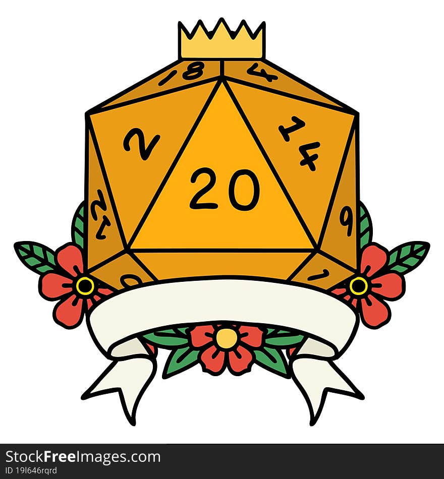 Retro Tattoo Style natural 20 critical hit D20 dice roll. Retro Tattoo Style natural 20 critical hit D20 dice roll