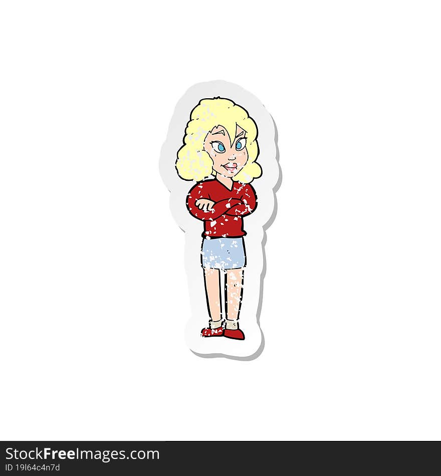 retro distressed sticker of a cartoon woman with crossed arms