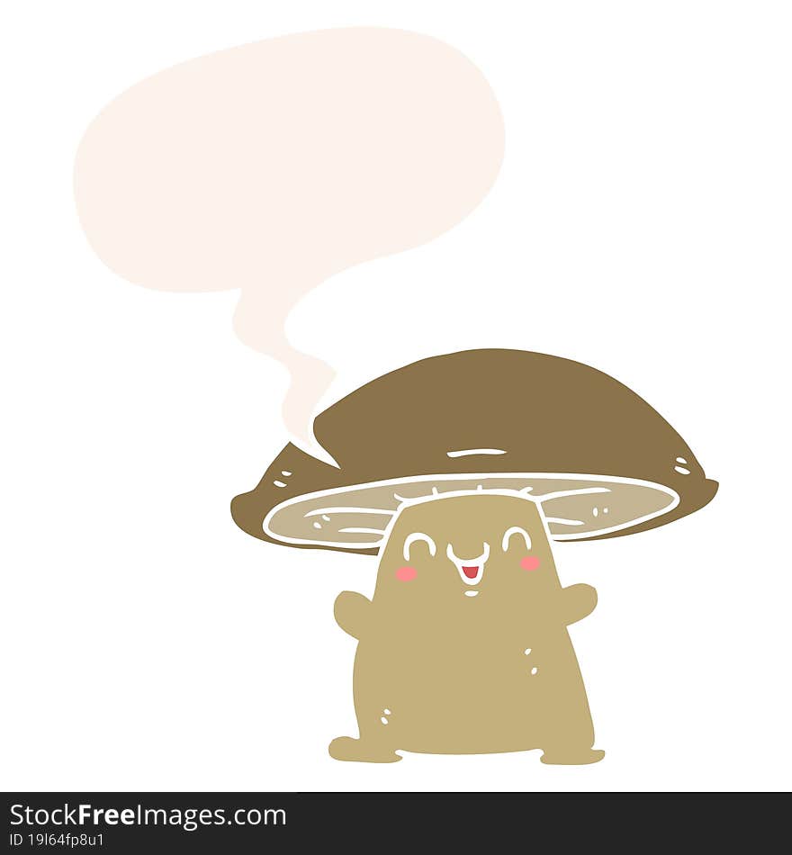 cartoon mushroom character with speech bubble in retro style