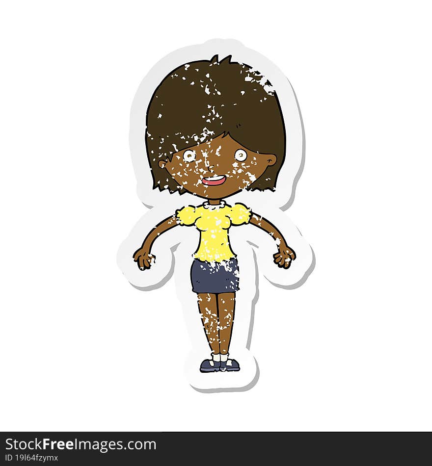 retro distressed sticker of a cartoon happy woman