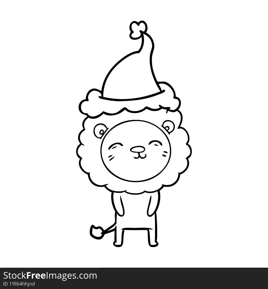 line drawing of a lion wearing santa hat