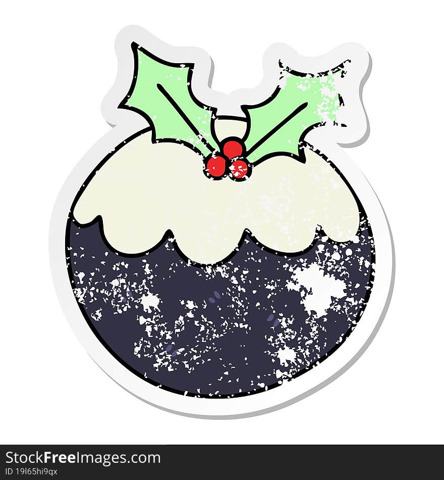 distressed sticker of a quirky hand drawn cartoon christmas pudding