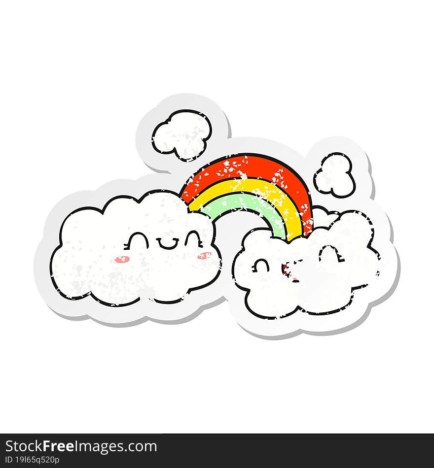 distressed sticker of a happy cartoon clouds and rainbow