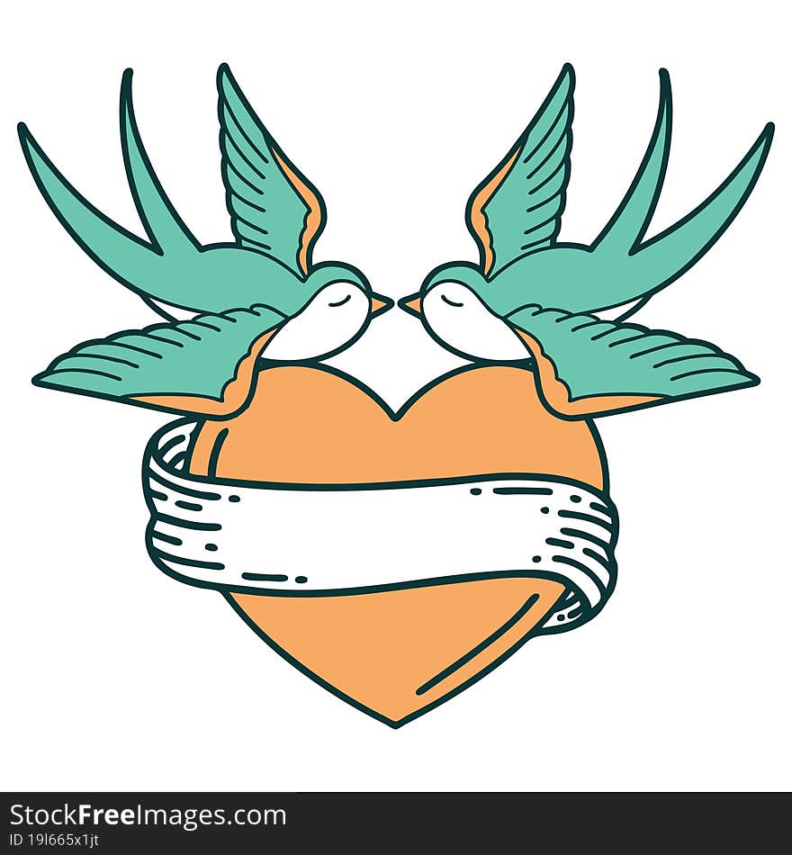 Tattoo Style Icon Of A Swallows And A Heart With Banner