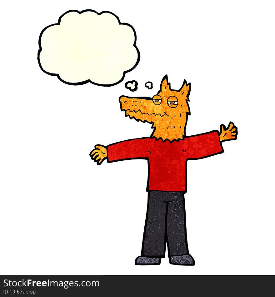 cartoon happy fox man with thought bubble