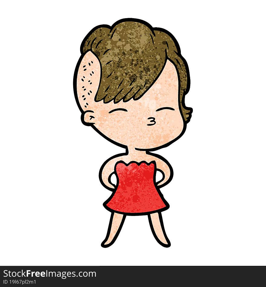 cartoon squinting girl in dress. cartoon squinting girl in dress