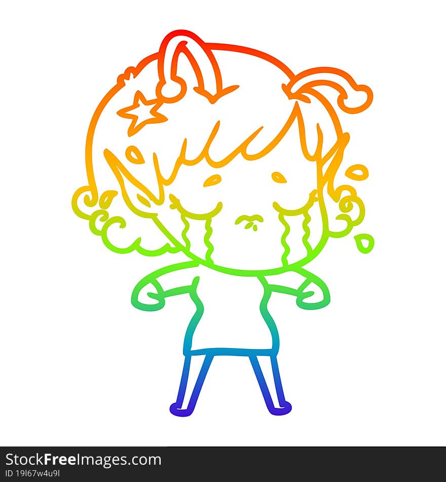 rainbow gradient line drawing cartoon crying alien girl