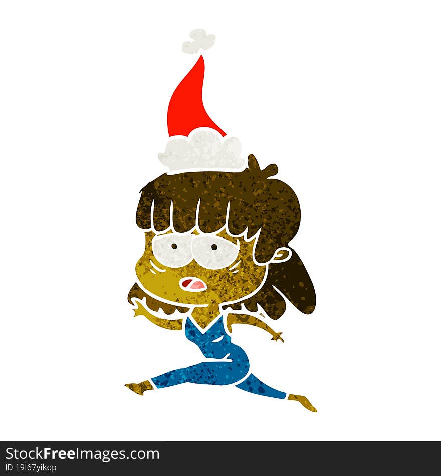 retro cartoon of a tired woman wearing santa hat