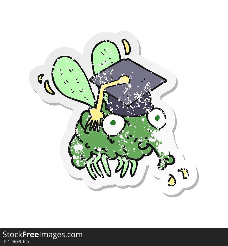 retro distressed sticker of a cartoon fly graduate