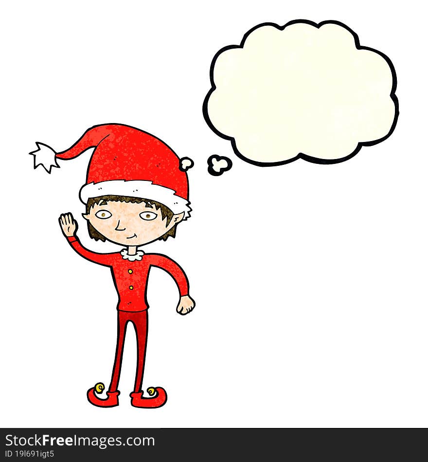 cartoon waving christmas elf with thought bubble