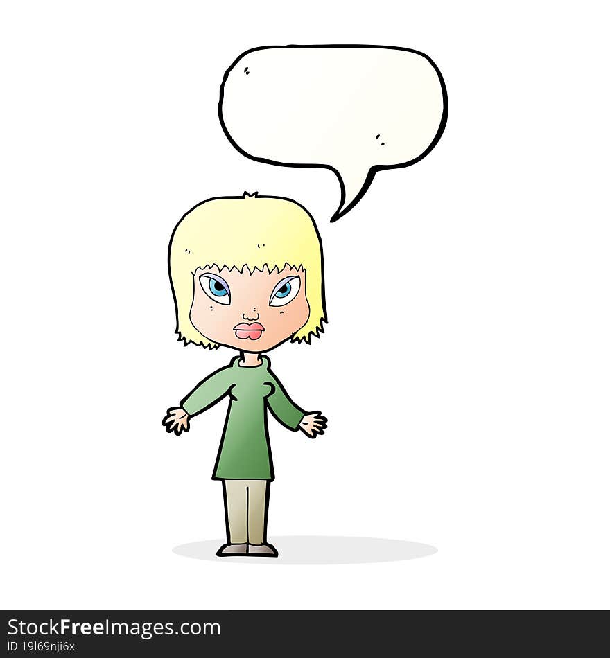 cartoon woman with open arms with speech bubble