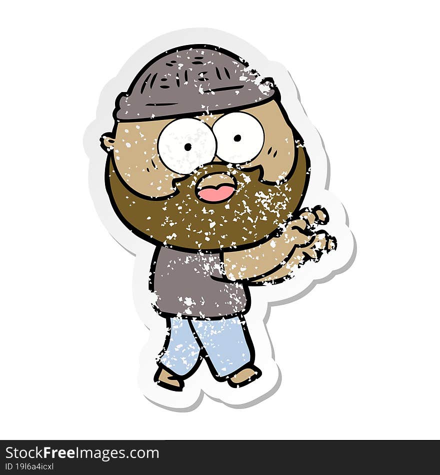 distressed sticker of a cartoon bearded man grasping