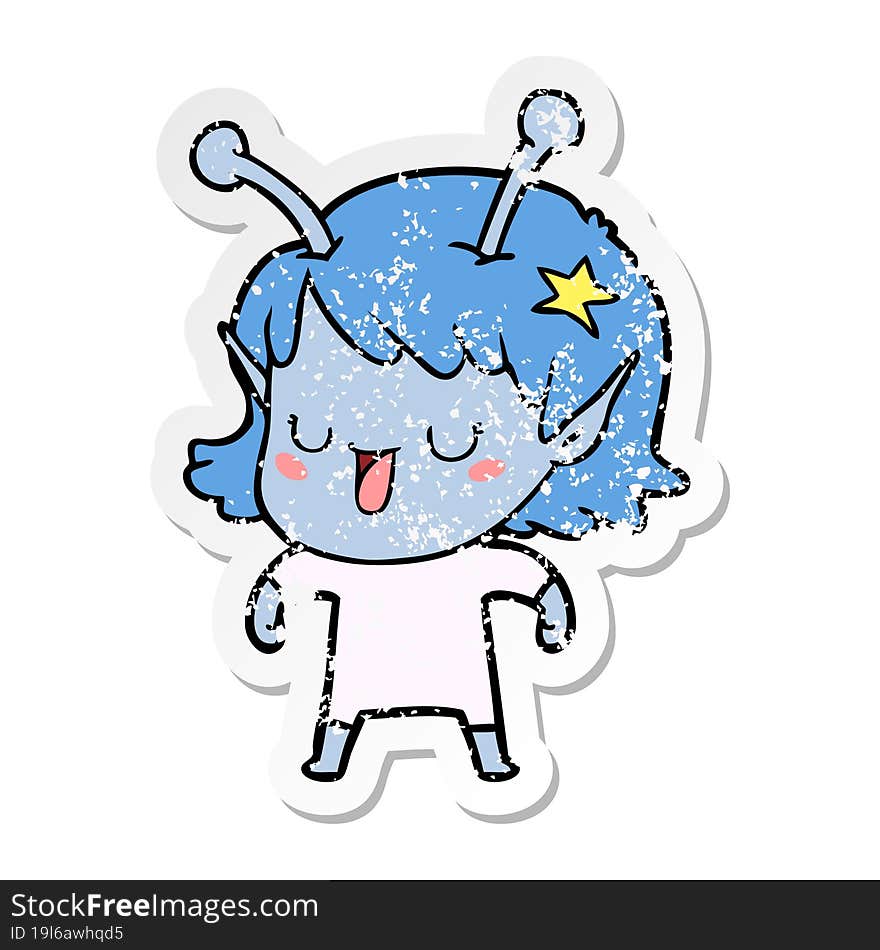 Distressed Sticker Of A Happy Alien Girl Cartoon