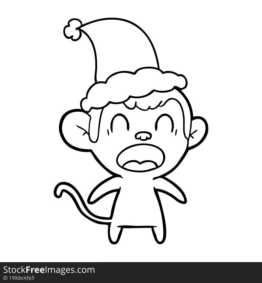 shouting line drawing of a monkey wearing santa hat