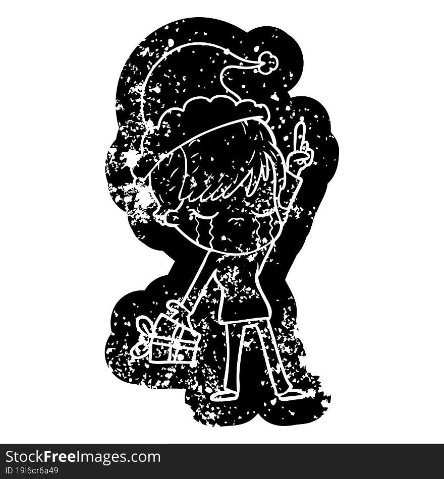 cartoon distressed icon of a woman crying wearing santa hat