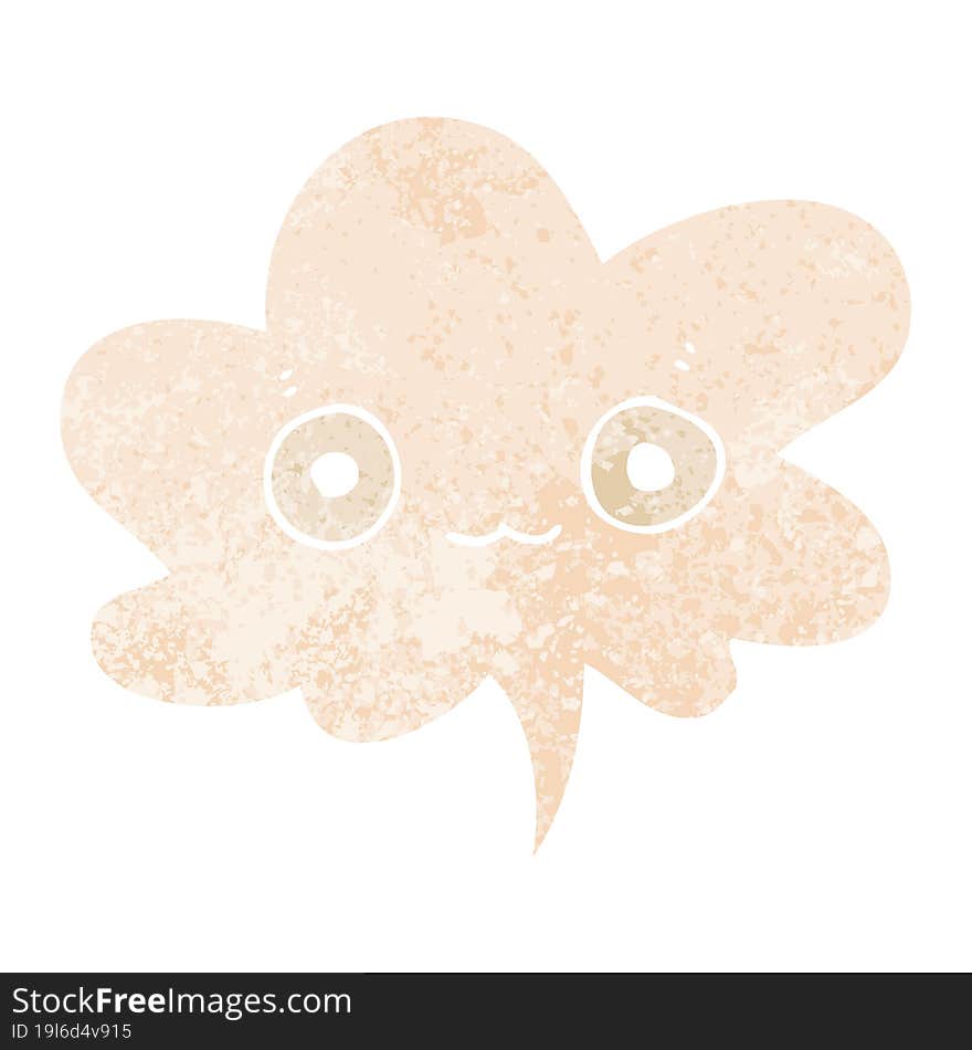 cute cartoon face with speech bubble in grunge distressed retro textured style. cute cartoon face with speech bubble in grunge distressed retro textured style