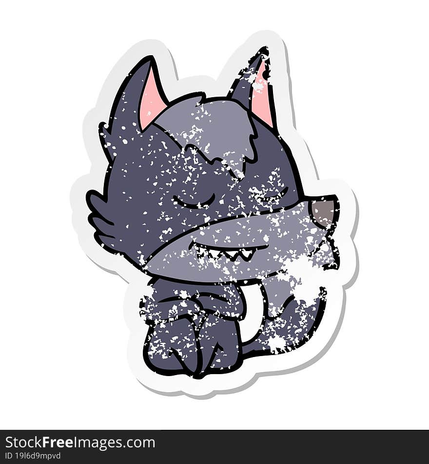 distressed sticker of a friendly cartoon wolf sitting