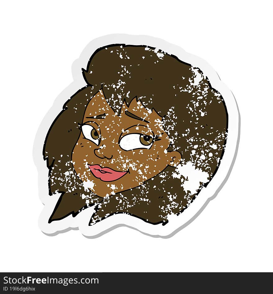 retro distressed sticker of a cartoon happy female face