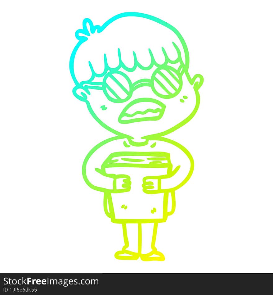 cold gradient line drawing cartoon boy hugging book wearing spectacles