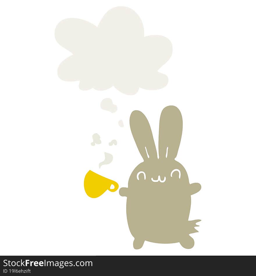 cute cartoon rabbit drinking coffee and thought bubble in retro style