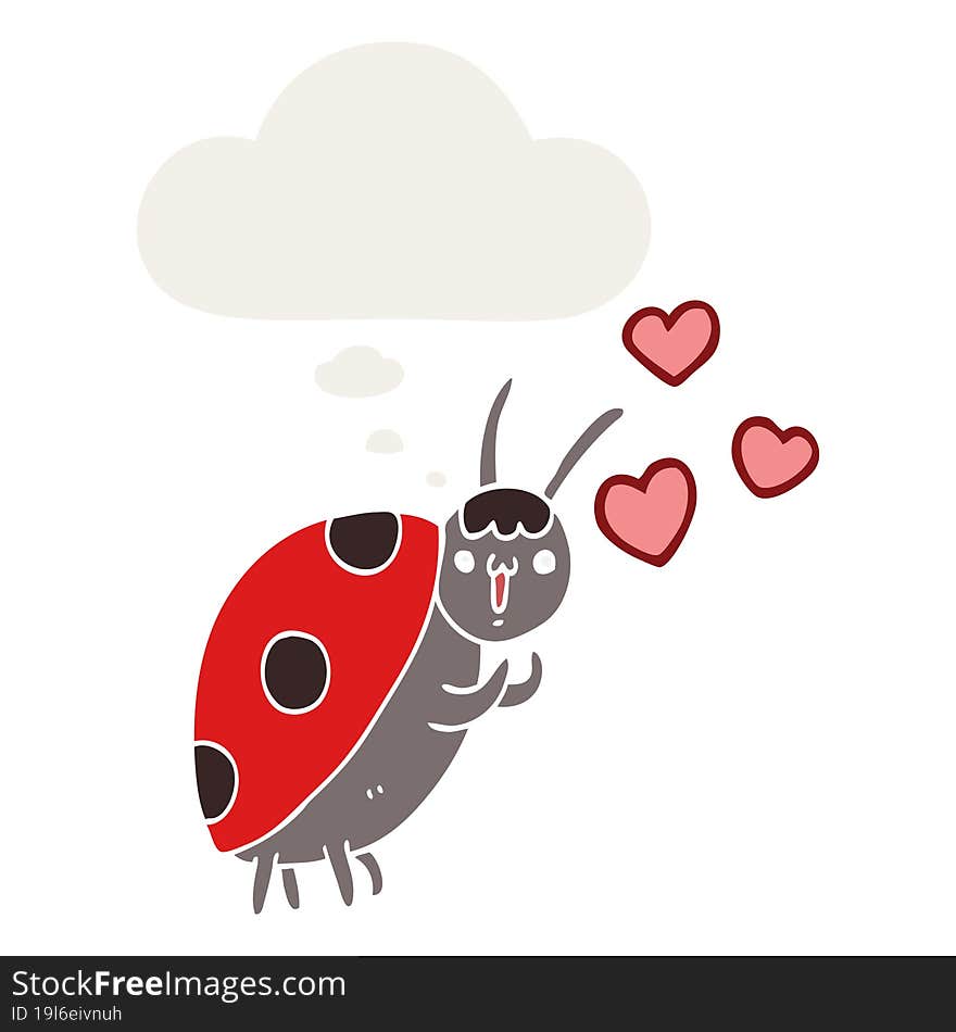 cute cartoon ladybug in love and thought bubble in retro style