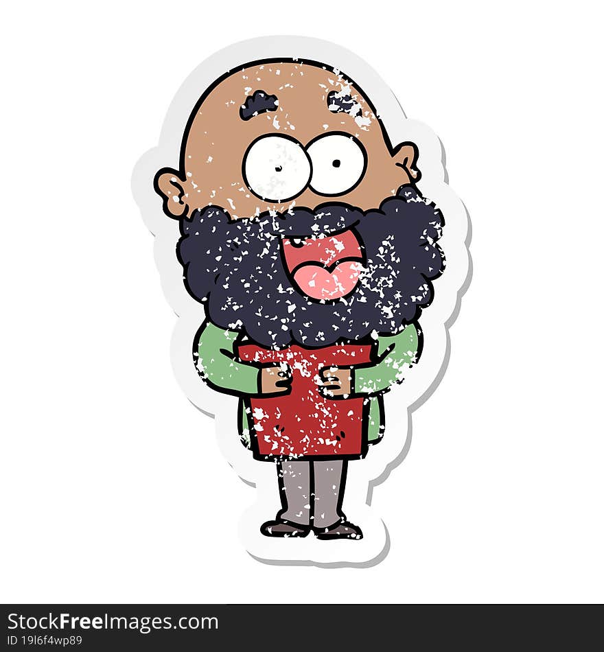 distressed sticker of a cartoon crazy happy man with beard and book