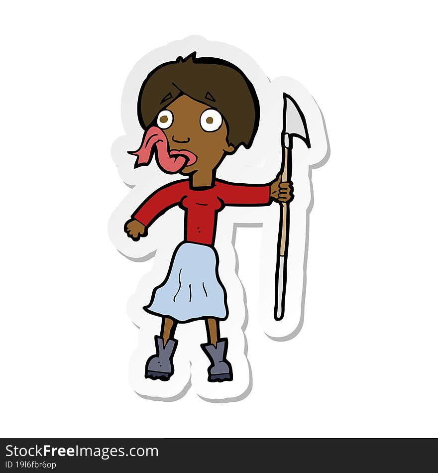 sticker of a cartoon woman with spear sticking out tongue