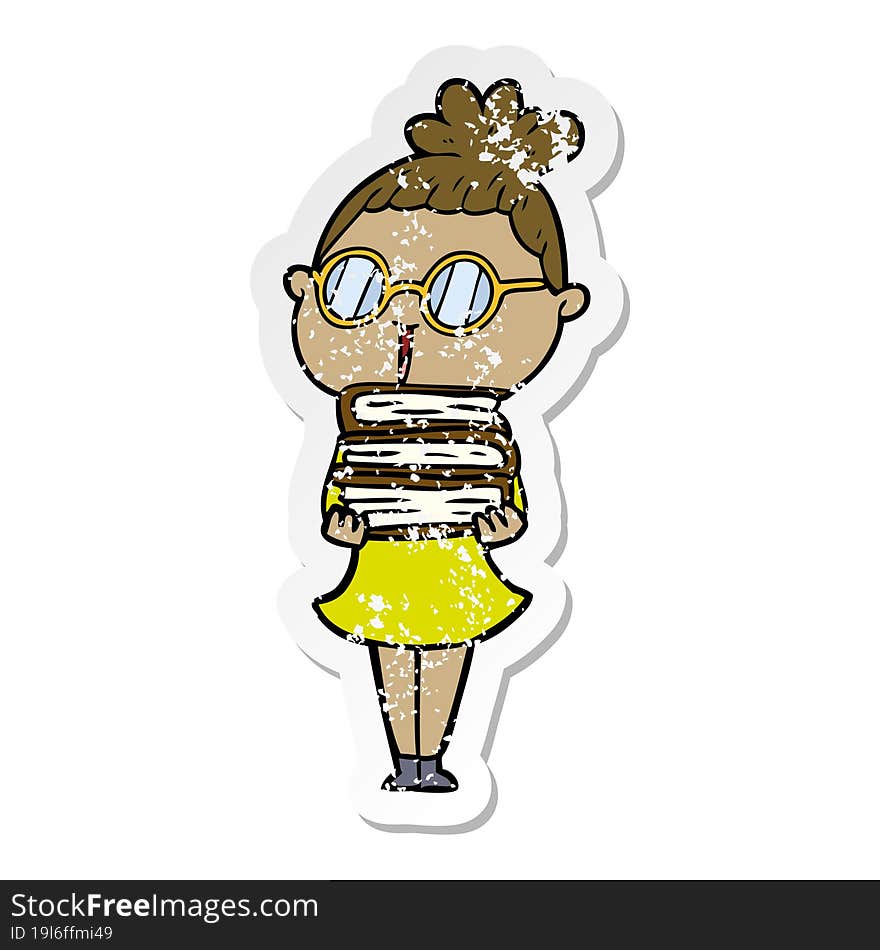 distressed sticker of a cartoon woman wearing spectacles