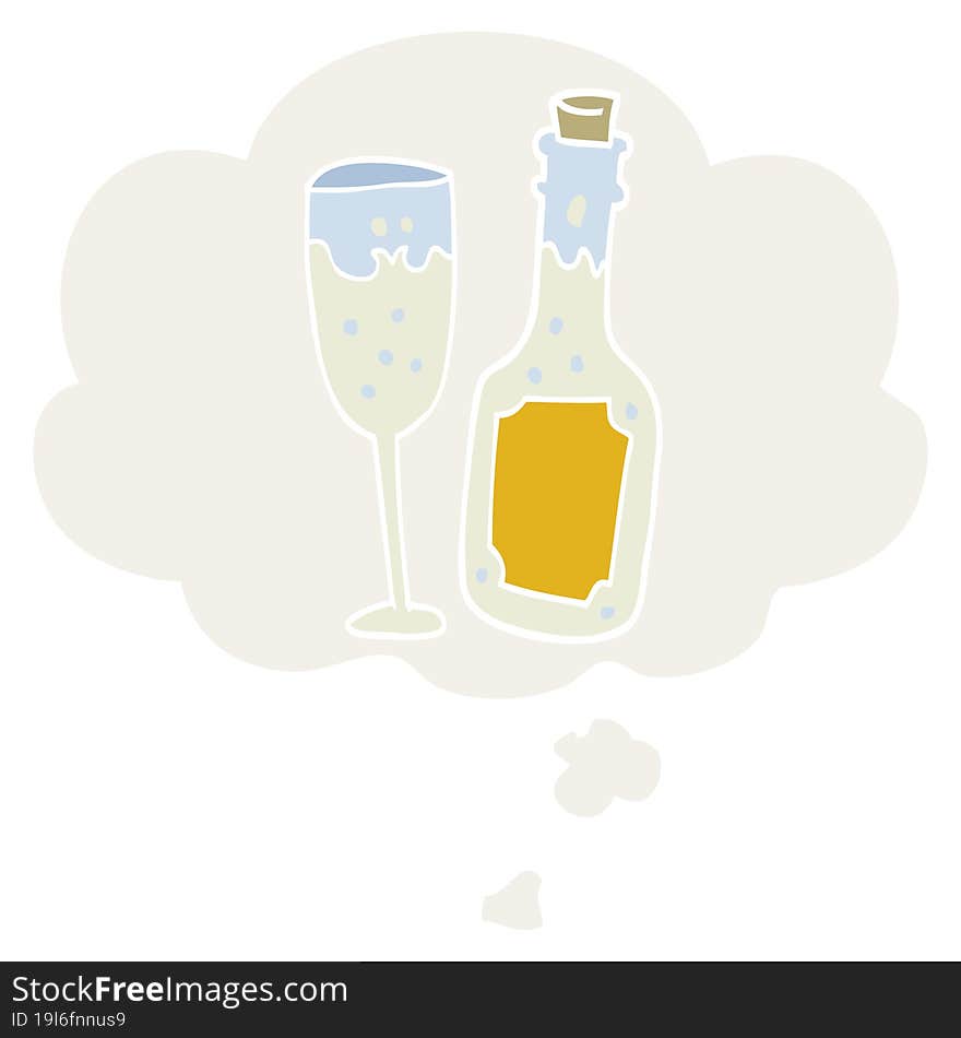 Cartoon Champagne Bottle And Glass And Thought Bubble In Retro Style