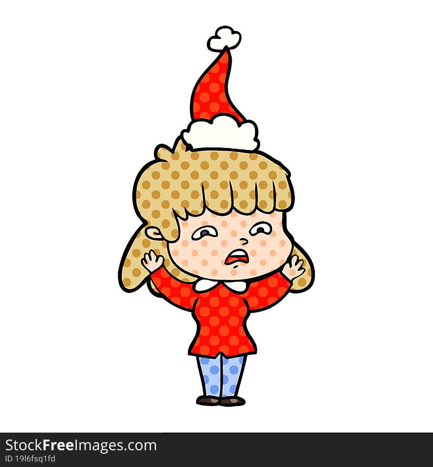 hand drawn comic book style illustration of a worried woman wearing santa hat