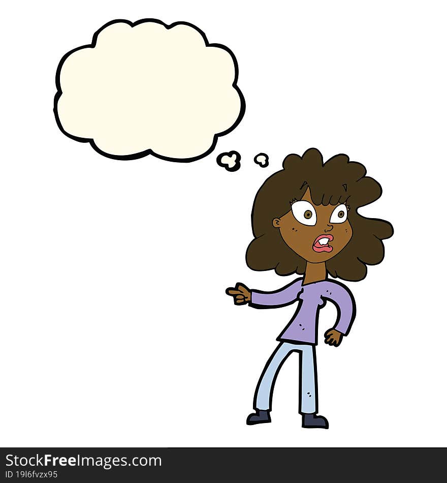 cartoon worried woman pointing with thought bubble