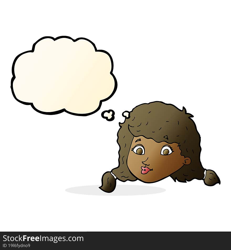 cartoon pretty female face with thought bubble