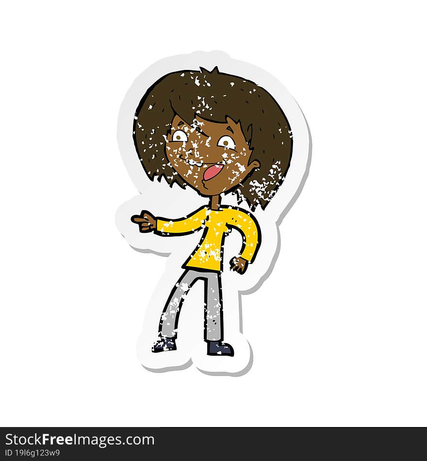 retro distressed sticker of a cartoon woman laughing and pointing