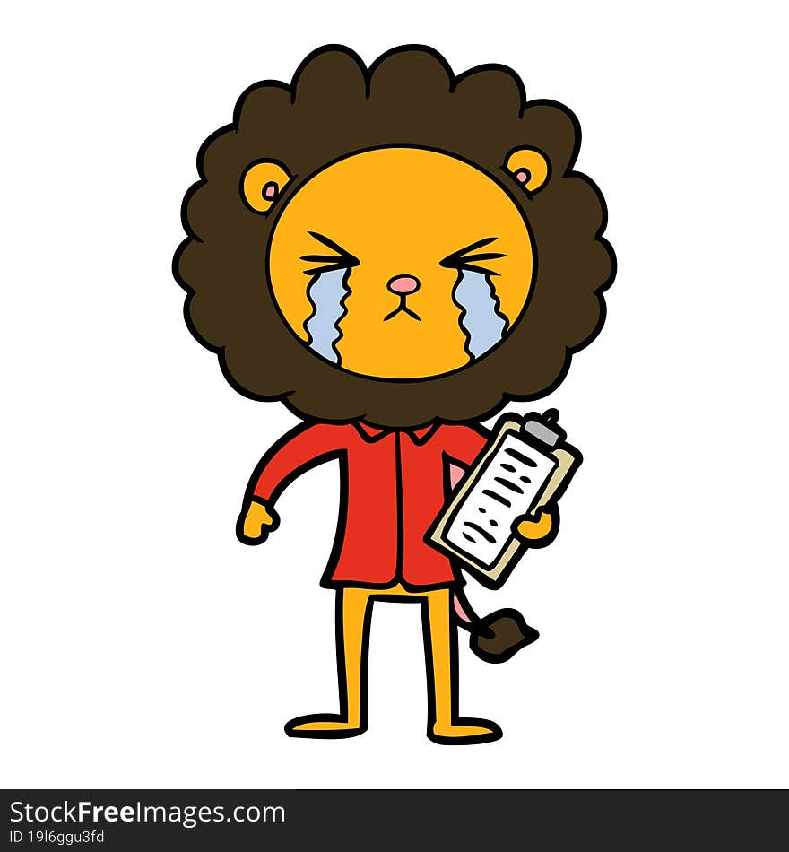 cartoon crying lion with clipboard. cartoon crying lion with clipboard