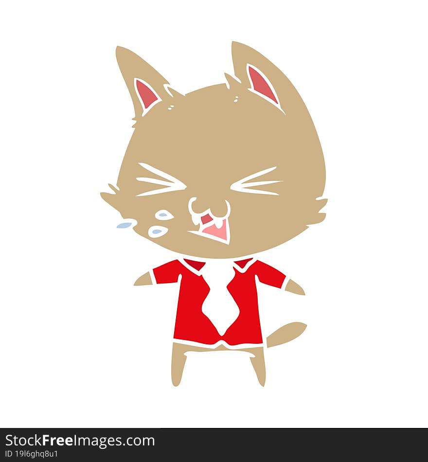 flat color style cartoon cat wearing shirt hissing