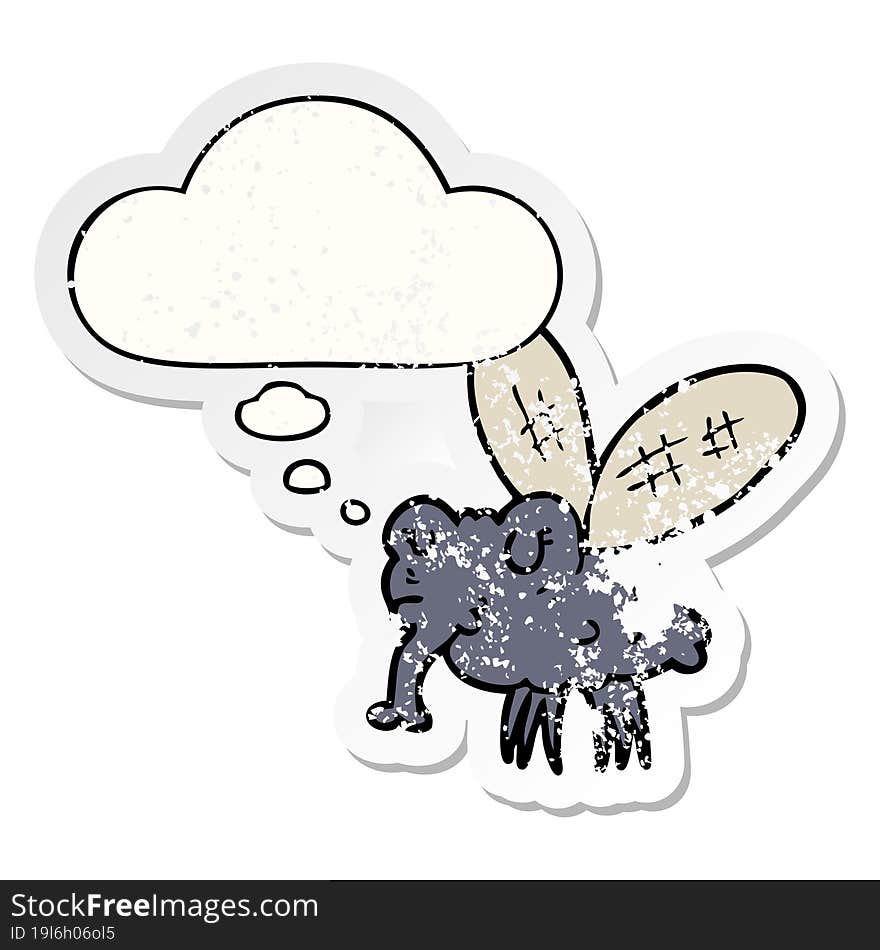 cartoon fly with thought bubble as a distressed worn sticker