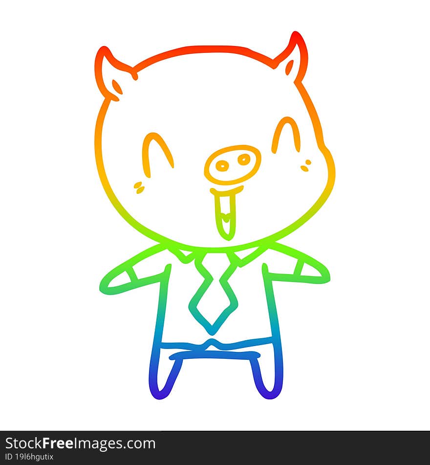 rainbow gradient line drawing happy cartoon pig wearing shirt and tie