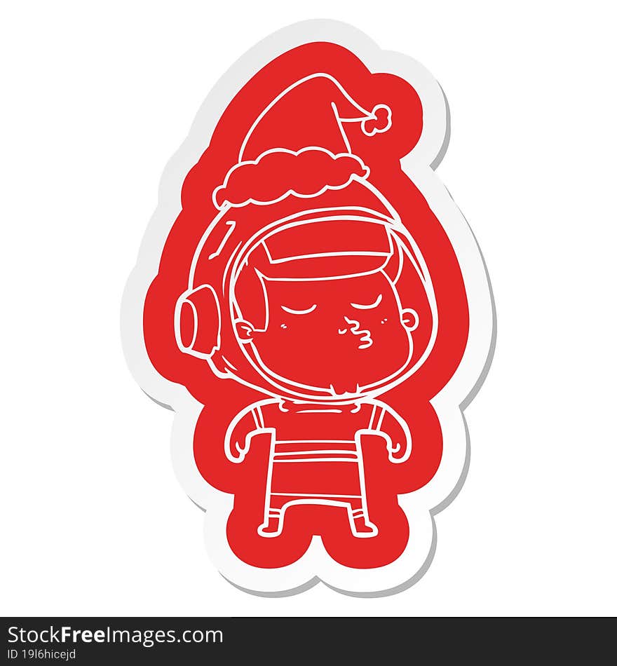 cartoon  sticker of a confident astronaut wearing santa hat