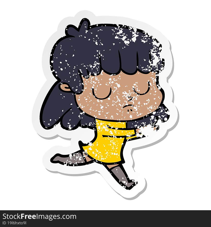 distressed sticker of a cartoon indifferent woman