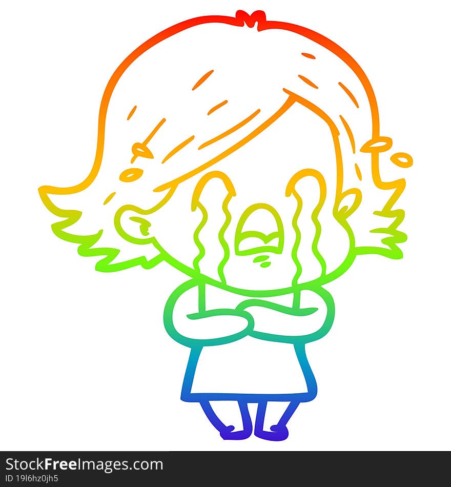 rainbow gradient line drawing of a cartoon woman crying