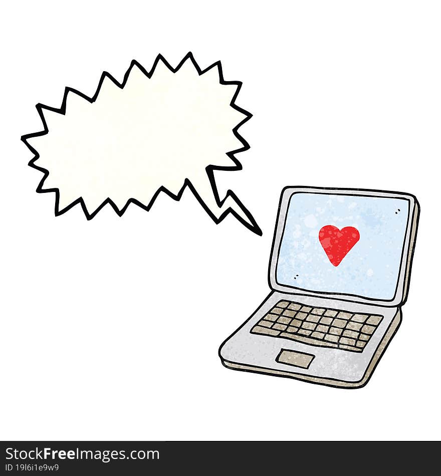 speech bubble textured cartoon laptop computer with heart symbol on screen