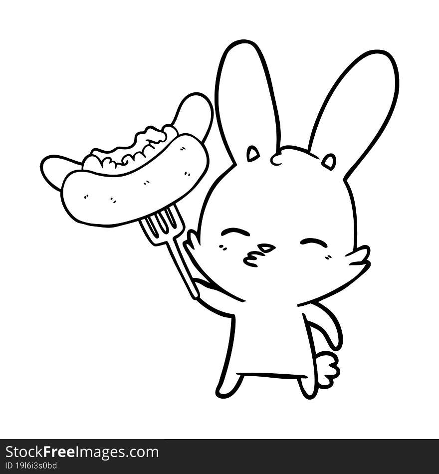 curious bunny cartoon with hotdog. curious bunny cartoon with hotdog