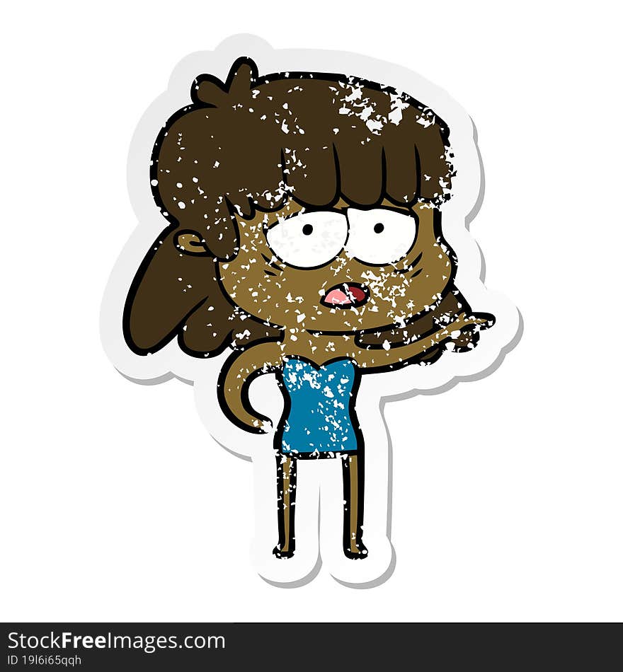 distressed sticker of a cartoon tired woman