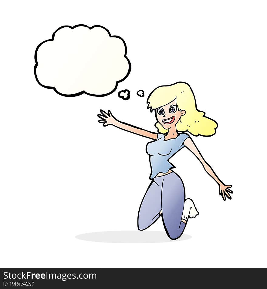 cartoon jumping woman with thought bubble