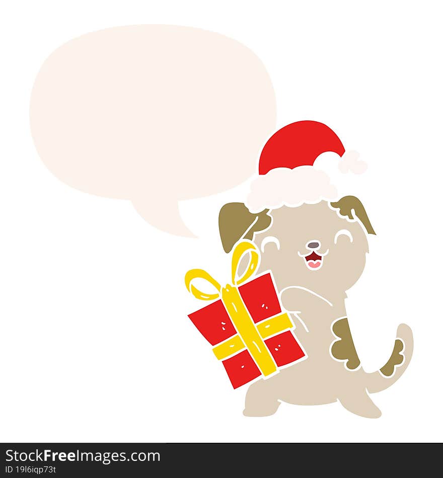 cute cartoon puppy and christmas present and hat and speech bubble in retro style