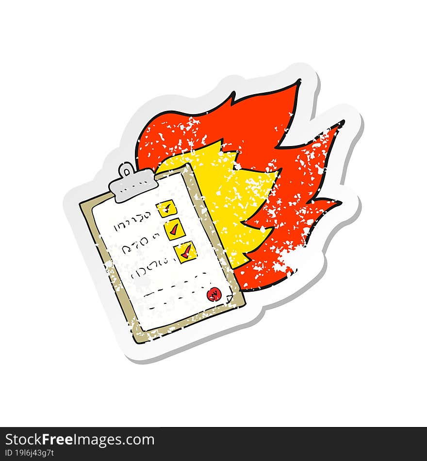 retro distressed sticker of a cartoon checklist burning