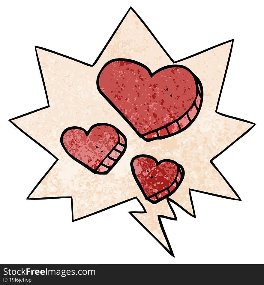 cartoon love hearts with speech bubble in retro texture style